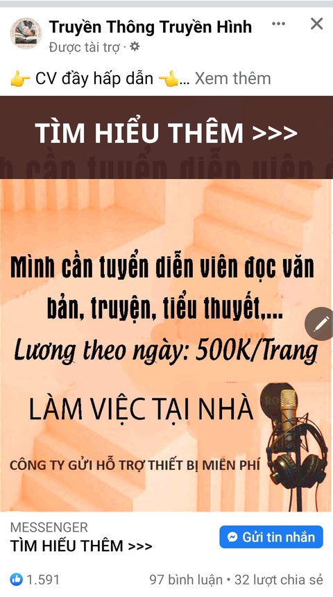 Lừa đảo tuyển CTV thu âm với thù lao lên đến 500.000 đồng mỗi trang đọc Lừa đảo tuyển CTV thu âm với thù lao lên đến 500.000 đồng mỗi trang đọc