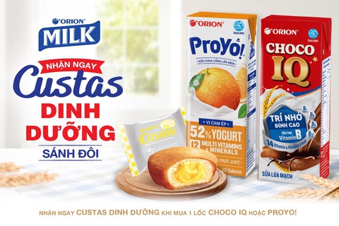 Nạp năng lượng nhanh với bộ đôi dinh dưỡng Orion - Ảnh 1. Trong mùa tựu trường, khi mua sữa “Choco IQ” hoặc “ProYo!” các bạn học sinh, sinh viên sẽ được tặng thêm bánh Custas. Ảnh: Orion