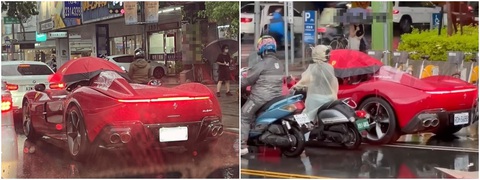 Trời mưa, siêu xe tiền tỉ phải lôi ô ra che, cộng đồng mạng cảm thán: 'Người giàu cũng lo ướt' - Ảnh 4. Hình ảnh tài xế Ferrari vừa lái xe vừa cầm ô khiến cư dân mạng sôi nổi bàn tán - Ảnh: Facebook