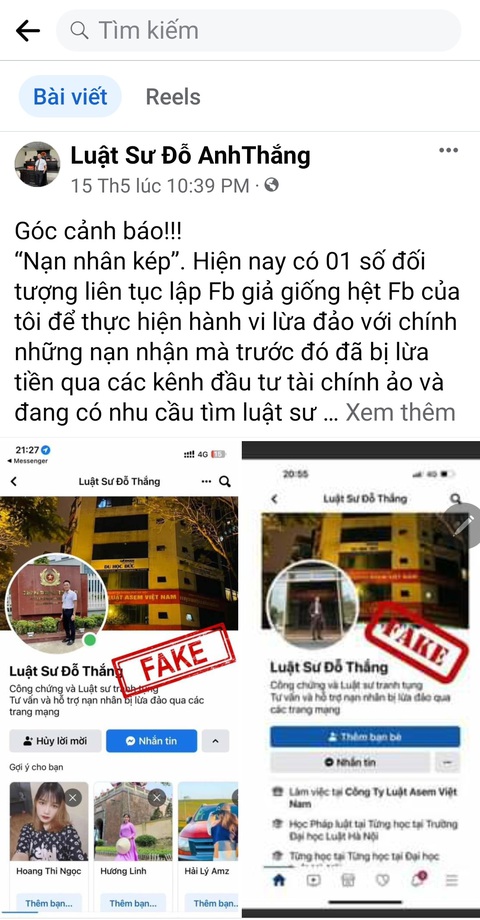 Các luật sư cảnh báo trang giả danh để lừa đảo - Ảnh chụp màn hình: TÂM LÊ Các luật sư cảnh báo trang giả danh để lừa đảo - Ảnh chụp màn hình: TÂM LÊ