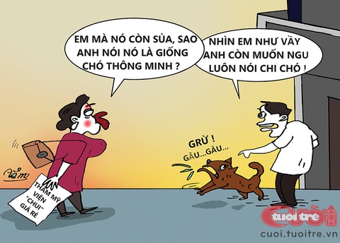 Phẫu thuật thẩm mỹ chui, cả chồng lẫn chó đều chê - Ảnh 1. Vợ đi phẫu thuật thẩm mỹ chui, cả chồng lẫn chó đều chê - Tranh biếm họa của Bùi Thanh Tâm