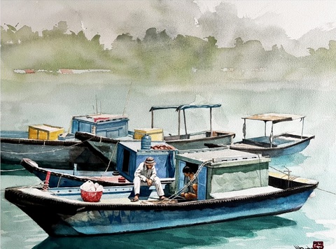 Quê nhà bình dị qua tranh màu nước của họa sĩ Hồng Quân - Ảnh 2. Tác phẩm màu nước Vùng biển xanh của họa sĩ Hồng Quân