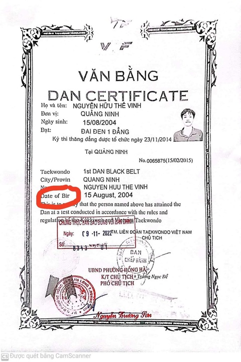 Đại hội thể thao toàn quốc 2022: Dùng bằng giả thi đấu, đoạt HCV - Ảnh 2. Văn bằng đai đen 1 đẳng của VĐV Nguyễn Hữu Thế Vinh được Quảng Ninh nộp lên ban kiểm tra đại hội và được VTF khẳng định là bằng giả