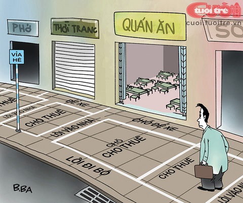 Bay trên vỉa hè - Ảnh 2. Lối đi bộ "eo hẹp" trên vỉa hè - Tranh: B.Ba