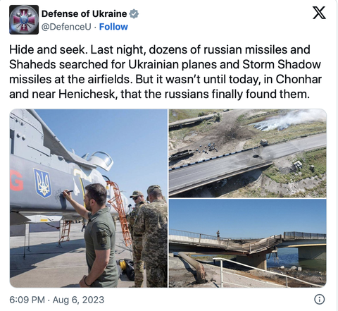Pháp đã gửi tên lửa tầm bắn 250 km cho Ukraine? - Ảnh 2. Bài đăng trên tài khoản Twitter của Bộ Quốc phòng Ukraine ngày 6-8: "Trốn và tìm. Đêm qua, hàng chục tên lửa và (drone) Shahed của Nga đã tìm kiếm máy bay và tên lửa Storm Shadow của Ukraine. Nhưng tới hôm nay người Nga mới tìm thấy chúng tại Chonhar và gần Henichesk" - Ảnh chụp màn hình Twitter