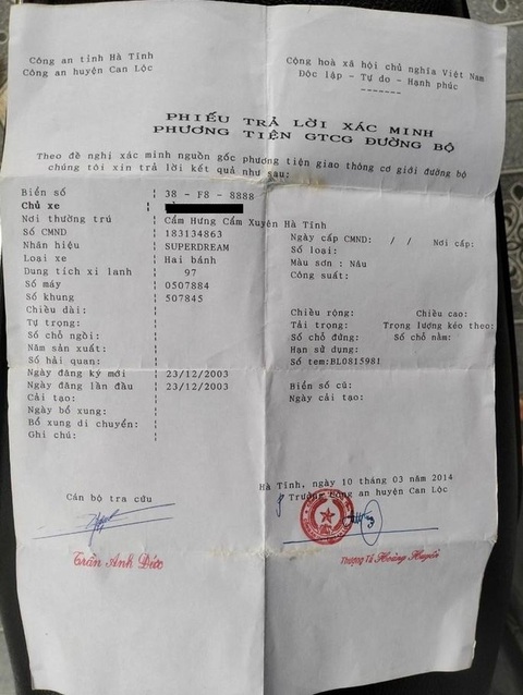 Xác minh hai người cùng nhận là chủ nhân biển tứ quý 8 - Ảnh 2. Phiếu xác minh phương tiện chiếc xe máy gắn biển tứ quý 8 do anh T. cung cấp - Ảnh: NVCC
