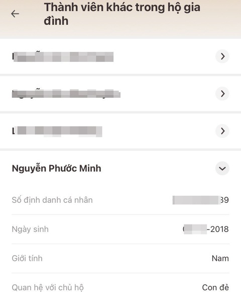 Chủ hộ bỗng dưng có thêm con trai trên VNeID 'rơi xuống' - Ảnh 1. Thông tin thành viên gia đình của vợ chồng anh D.A.N. bỗng dưng có thêm người con trai sinh năm 2018 - Ảnh: D.A.