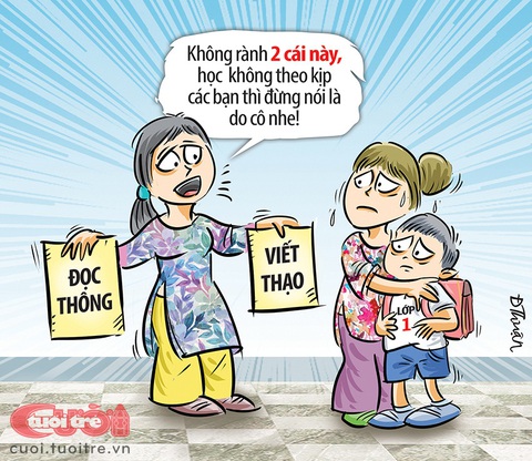 Nỗi khổ của học sinh 'tiền lớp 1' - Ảnh 1. Nỗi khổ của học sinh "tiền lớp 1" - Tranh: Đức Thuận