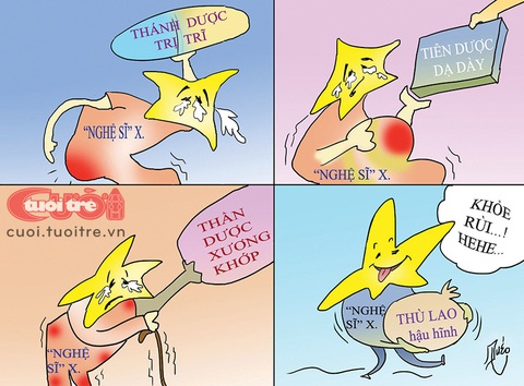 Nghệ sĩ không dám dùng thuốc do chính mình quảng cáo - Ảnh 4. Khi nghệ sĩ mắc "bá bệnh" - Tranh: Quéo