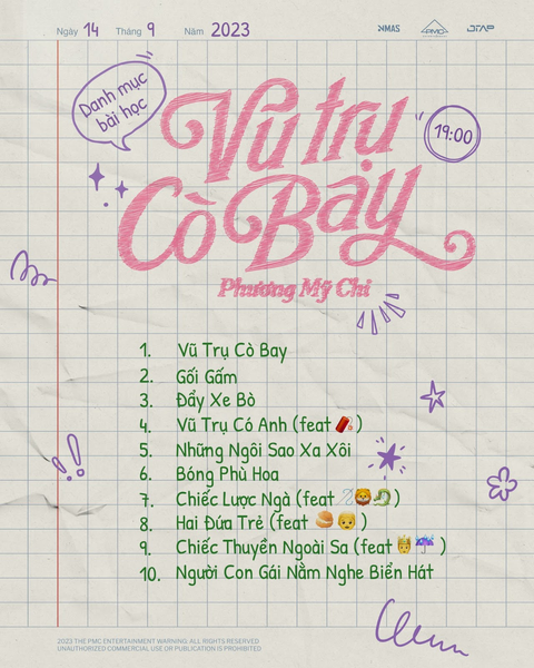 Phương Mỹ Chi hé lộ tracklist album ‘Vũ trụ Cò bay’ với tổng cộng 10 ca khúc và nghệ sĩ hợp tác được giấu tên. Phương Mỹ Chi hé lộ tracklist album ‘Vũ trụ Cò bay’ với tổng cộng 10 ca khúc và nghệ sĩ hợp tác được giấu tên.