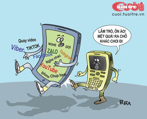 Tắt sóng 2G, điện thoại cục gạch băng hà - Ảnh 1. Tắt sóng 2G, điện thoại "cục gạch" băng hà - Tranh biếm họa của B.Ba