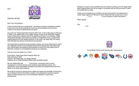 Tuấn Hưng nói về việc xác thực lời mời hát sự kiện 'làm nóng' cho Super Bowl - Ảnh 2. Email mời tham dự sự kiện Vegas Super Bowl Pregame Warm Up được Tuấn Hưng chia sẻ - Ảnh: Facebook Tuấn Hưng