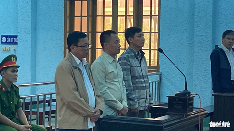 Lập khống hồ sơ rút tiền ngân sách, nguyên giám đốc Sở Nội vụ bị tuyên 30 tháng tù treo - Ảnh 1. Ba bị cáo Huỳnh Văn Tâm (bìa trái, cựu giám đốc Sở Nội vụ Gia Lai), Hồ Quang Thi (giữa, cựu kế toán trưởng) và Nguyễn Đình Trúc (phó chánh Văn phòng Sở Nội vụ Gia Lai) tại phiên tòa sơ thẩm - Ảnh: ĐÌNH CƯƠNG