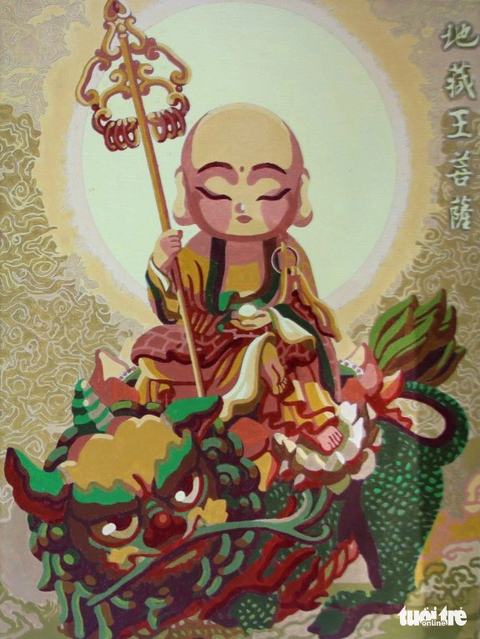 Hình ảnh Đức Bồ tát Địa tạng được vẽ theo phong cách chibi - Ảnh: HỒ LAM Hình ảnh Đức Bồ tát Địa Tạng được vẽ theo phong cách chibi - Ảnh: HỒ LAM