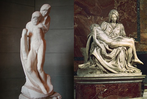 Tác phẩm Rondanini Pietà (trái) của Michelangelo so sánh với Madonna della Pietà (phải) được trưng bày tại Tòa thánh Vatican - Ảnh: Britannica Tác phẩm Rondanini Pietà (trái) của Michelangelo so sánh với Madonna della Pietà (phải) được trưng bày tại Tòa thánh Vatican - Ảnh: Britannica
