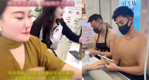 Tiệm làm móng để nam nhân viên cởi trần phục vụ khách hàng - Ảnh 1. Một khách hàng xịt máu mũi khi được nam nhân viên cởi trần phục vụ.