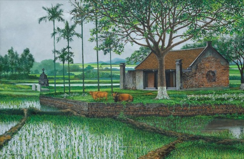 ‘Sống chậm, trong hiện tại’ cùng họa sĩ Nguyễn Minh Thành - Ảnh 2. Bức tranh về làng quê Bắc Bộ gợi nhiều cảm xúc cho người xem của họa sĩ Minh Thành - Ảnh: H.VY