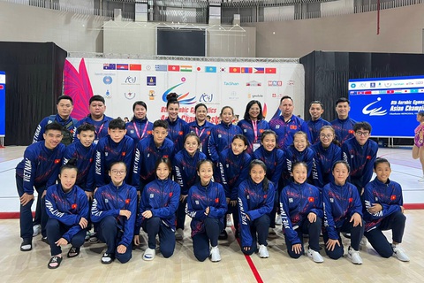 Đội tuyển aerobic Việt Nam dự Giải vô địch thể dục aerobic châu Á 2023 (nhóm tuổi trưởng thành và trẻ) tại Mông Cổ - Ảnh: VGF Đội tuyển aerobic Việt Nam dự Giải vô địch thể dục aerobic châu Á 2023 (nhóm tuổi trưởng thành và trẻ) tại Mông Cổ - Ảnh: VGF