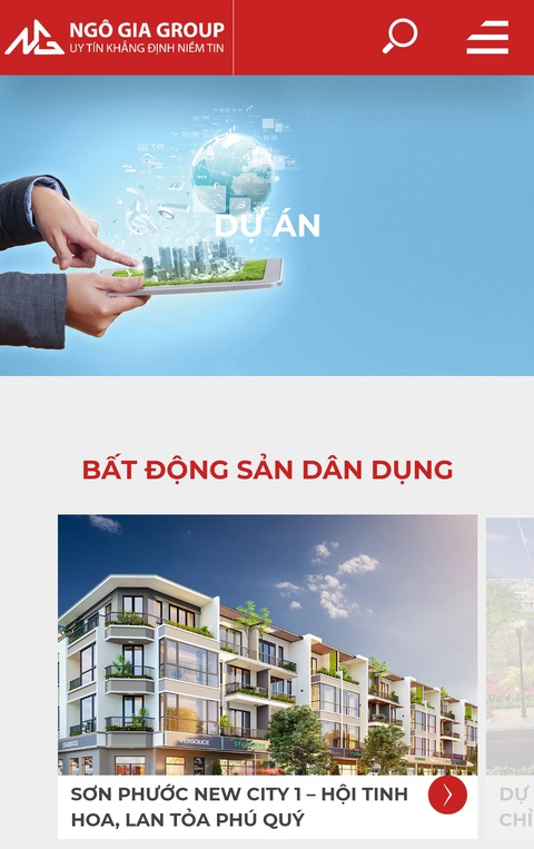 Giới thiệu về "dự án bất động sản Sơn Phước New City" trên web của Ngô Gia Group - Ảnh chụp màn hình Giới thiệu về "dự án bất động sản Sơn Phước New City" trên web của Ngô Gia Group - Ảnh chụp màn hình