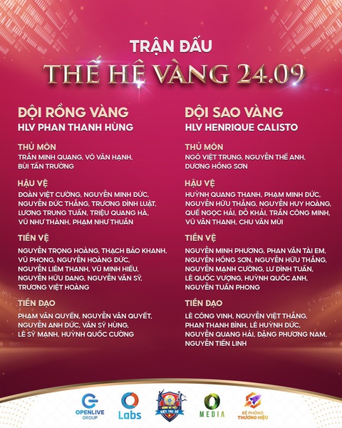 Tiền vé xem thế hệ vàng Việt Nam đá giao hữu dùng làm từ thiện - Ảnh 4. Danh sách 2 đội Thế hệ vàng Việt Nam sẽ đá giao hữu trên sân Thống Nhất ngày 24-9 - Ảnh: BTC