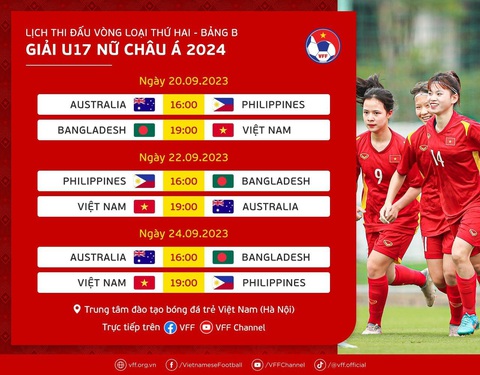 Lịch thi đấu U17 nữ Việt Nam tại vòng loại 2 Giải U17 nữ châu Á 2024 - Ảnh: VFF Lịch thi đấu U17 nữ Việt Nam tại vòng loại 2 Giải U17 nữ châu Á 2024 - Ảnh: VFF