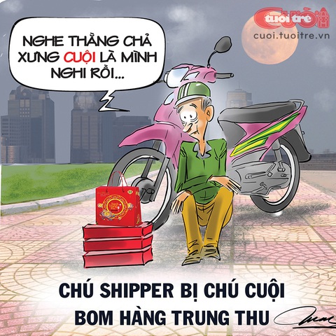Ai bom hàng bánh trung thu của chàng shipper? - Ảnh 1. Ai bom hàng bánh trung thu của chàng shipper? - Tranh: Đỗ Minh Tuấn
