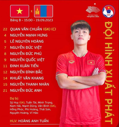 Trực tuyến Olympic Việt Nam - Mông Cổ (15h): 3 điểm đầu tiên cho Việt Nam? - Ảnh 2. Đội hình xuất phát Olympic Việt Nam đấu Mông Cổ - Ảnh: VFF