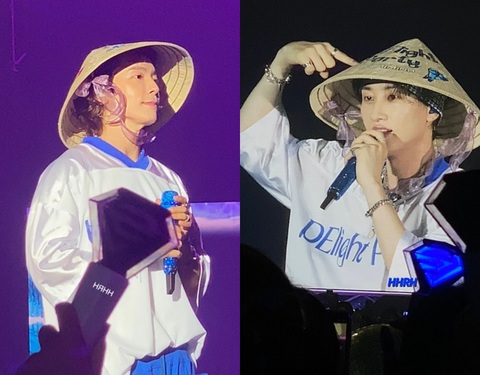 Donghae và Eunhyuk đứng hình khi fan nữ nhờ chọn nghề cho con - Ảnh 1. Donghae và Eunhyuk đội nón lá được FC Việt chuẩn bị và biểu diễn tại Delight Party