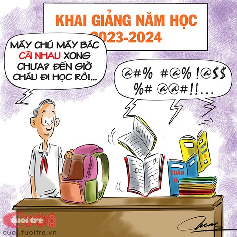 Sách giáo khoa 'cãi nhau' trước thềm khai giảng năm học mới - Ảnh 1. Sách giáo khoa "cãi nhau" trước thềm khai giảng năm học mới - Tranh biếm họa của Đỗ Minh Tuấn
