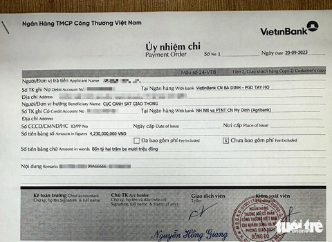 Người trúng đấu giá biển 99A - 666.66 đã nộp đủ tiền, sẽ lắp cho xe Mercedes GLS 400 - Ảnh 1. Phiếu xác nhận ủy nhiệm chi của anh Đ. sau khi hoàn thành nghĩa vụ tài chính đấu giá biển số - Ảnh: H.Q.