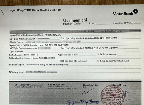 Có bao nhiêu người trúng đấu giá biển số xe đã nộp đủ tiền? - Ảnh 1. Phiếu xác nhận ủy nhiệm chi của người trúng đấu giá biển số 99A - 666.66 - Ảnh: H.Q.