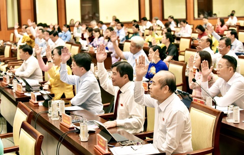 Các đại biểu biểu quyết đồng ý với các dự thảo nghị quyết - Ảnh: T.T.D. Các đại biểu biểu quyết đồng ý với các dự thảo nghị quyết - Ảnh: T.T.D.