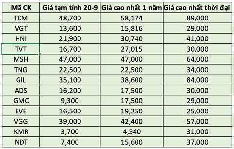 Giá phân bón nhiều nơi tăng, sóng cổ phiếu ngành này bao giờ sẽ 'lặng'? - Ảnh 2. Giá một số cổ phiếu nhóm ngành dệt may (đơn vị: đồng)