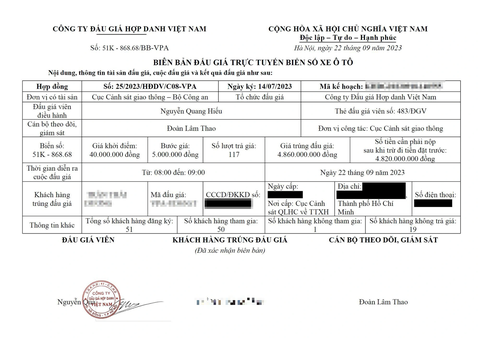 Người trúng đấu giá biển số 51K-868.68 rao bán lại sau vài giờ, giá chênh 300 triệu đồng - Ảnh 1. Biên bản xác nhận trúng đấu giá biển số của anh T.T.D. - Ảnh: Nhân vật cung cấp