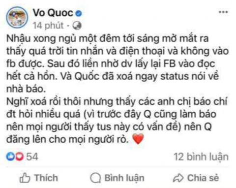 Đầu bếp Võ Quốc chửi cả làng báo rồi nói bị hack Facebook? - Ảnh 2. Sau khi đăng status chửi bới nhà báo, trưa 22-9, Võ Quốc đăng thông tin thanh minh, nhưng sau đó vài giờ status này cũng biến mất - Ảnh chụp màn hình