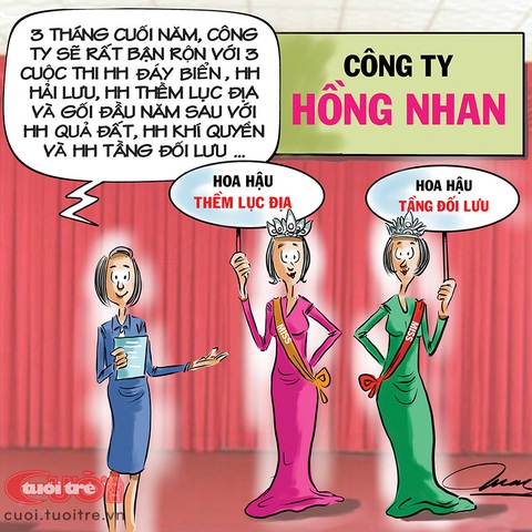 Công ty Hồng Nhan giới thiệu hoa hậu trên trời dưới biển - Ảnh 1. Công ty Hồng Nhan giới thiệu hoa hậu "trên trời dưới biển" - Tranh: Đỗ Minh Tuấn