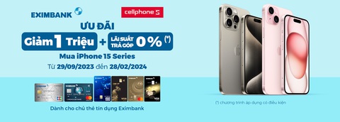 Ưu đãi cho chủ thẻ tín dụng Eximbank sở hữu iPhone 15 tại CellphoneS - Ảnh 1. Hàng loạt ưu đãi cho chủ thẻ tín dụng Eximbank sở hữu iPhone 15 tại CellphoneS - Ảnh: EIB