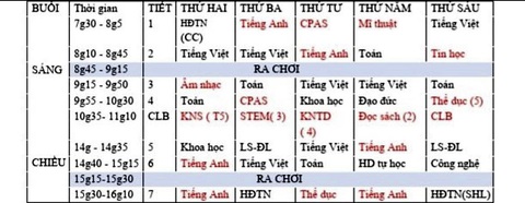 Bạn đọc lên tiếng: Đừng để học thêm trá hình trong trường học - Ảnh 1. Thời khóa biểu của một lớp tiểu học tại TP Thủ Đức, TP.HCM, trong đó các môn kỹ năng sống, CLB, STEM... được sắp xếp xen kẽ với các môn chính - Ảnh: MỸ DUNG