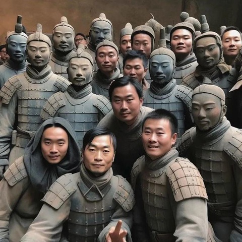 AI 'hồi sinh' đội quân đất nung của Tần Thủy Hoàng - Ảnh 2. "Thế giới hiện đại thú vị quá! Nhưng thích nhất vẫn là chụp ảnh selfie, anh em nhỉ?!".