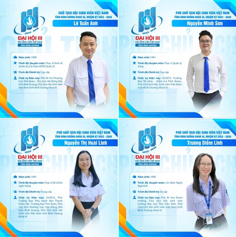 Thông tin về chủ tịch và 3 phó chủ tịch Hội Sinh viên VN tỉnh Bình Dương - Ảnh: Tỉnh Đoàn Bình Dương. Thông tin về chủ tịch và 3 phó chủ tịch Hội Sinh viên Việt Nam tỉnh Bình Dương - Ảnh: Tỉnh Đoàn Bình Dương