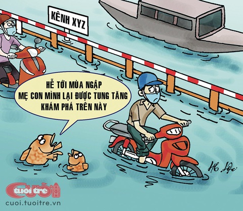Mẹ con nhà cá đi du lịch bằng... đường bộ - Ảnh 1. Mẹ con nhà cá đi du lịch bằng đường bộ - Tranh: Hữu Lộc