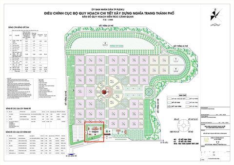 Tỉnh tính đặt nhà hỏa táng cạnh khu sản xuất thực phẩm, doanh nghiệp lo lắng - Ảnh 1. Bản đồ quy hoạch kiến trúc cảnh quan nghĩa trang thành phố Plieku. Trong đó vùng màu đỏ là khu vực dự kiến xây dựng nhà hỏa táng - Ảnh: ANH THƯ chụp lại