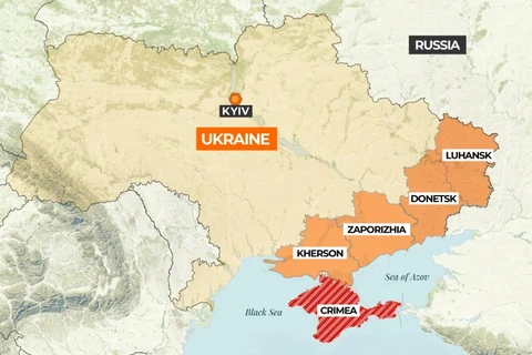 Ông Putin: Người dân ở 4 vùng sáp nhập từ Ukraine 'lựa chọn ở bên' Nga - Ảnh 2. Bản đồ cho thấy các phần màu cam là bốn vùng của Ukraine mà Nga đã sáp nhập trong năm 2022. Nga cũng đã sáp nhập bán đảo Crimea từ năm 2014 - Ảnh: AL JAZEERA