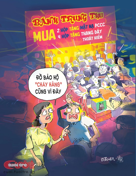 Bánh trung thu làm 'cháy' đồ bảo hộ PCCC? - Ảnh 1. Bánh trung thu làm 'cháy' đồ bảo hộ PCCC? - Tranh: Viiip+Đức Thuận