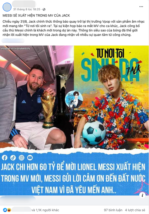 Một trong các fanpage trên mạng xã hội đăng tin đồn về số tiền được chi để gặp Messi vào 18h25 tối 31-8, trước khi MV của Jack ra mắt - Ảnh: Chụp màn hình Một trong các fanpage trên mạng xã hội đăng tin đồn về số tiền được chi để gặp Messi vào 18h25 tối 31-8, trước khi MV của Jack ra mắt - Ảnh: Chụp màn hình