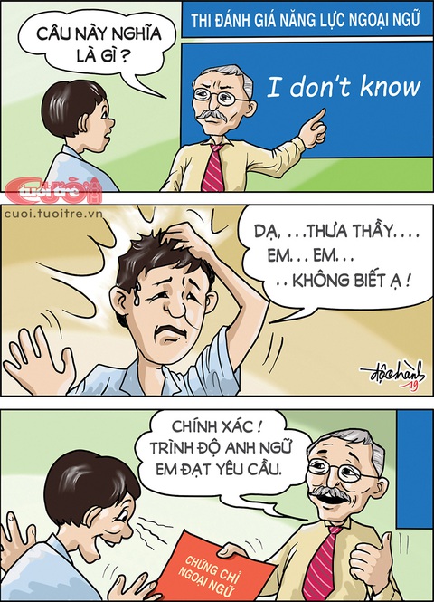 Trình độ ngoại ngữ 'bỗng dưng' đạt yêu cầu - Ảnh 1. Trình độ ngoại ngữ "bỗng dưng" đạt yêu cầu - Tranh: Độc Hành