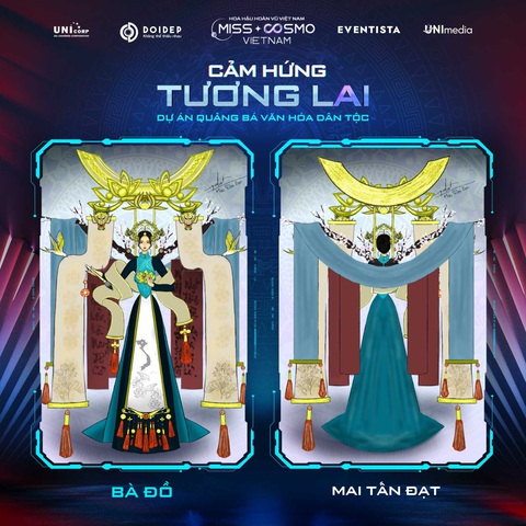 Ấn tượng cực mạnh với các thiết kế trang phục dân tộc của Miss Cosmo Vietnam - Ảnh 11. Nhà thiết kế Mai Tấn Đạt lại gửi niềm tin vào hình ảnh văn hóa những ông đồ, bà đồ viết thư pháp mỗi khi xuân về. Chia sẻ về bài thi, chủ nhân thiết kế Bà Đồ cho biết: "Bộ trang phục được lấy ý tưởng từ văn hóa viết thư pháp của Việt Nam vào ngày Tết, một trong những nét văn hóa độc đáo của nước ta nhưng đã và đang bị quên lãng. Bộ trang phục muốn truyền tải đến thế hệ trẻ ngày nay về việc giữ gìn và phát huy các truyền thống, nét văn hóa của dân tộc ta, đừng để các nét đặc trưng văn hóa ngày phai mờ".
