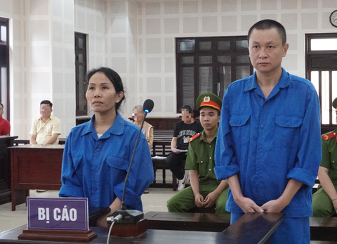 Lô đất trăm tỉ đang bị công an phong tỏa, hai vợ chồng hứa lo thủ tục rồi lừa đảo - Ảnh 1. Hai bị cáo tại phiên tòa - Ảnh: Đ.C.