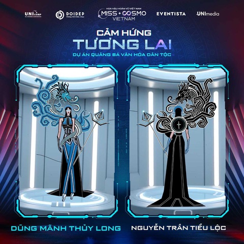 Ấn tượng cực mạnh với các thiết kế trang phục dân tộc của Miss Cosmo Vietnam - Ảnh 8. Sử dụng chi tiết con rồng nhưng nhà thiết kế trẻ Nguyễn Trần Tiểu Long đem đến hình ảnh hoàn toàn mới. Dũng Mãnh Thủy Long mang hình ảnh người phụ nữ với nét đẹp của tương lai mang trên mình chiếc áo dài được biến tấu một cách hiện đại. Kết hợp với hình ảnh con rồng thời Nguyễn quấn quanh người mặc giúp tô điểm thêm sự quyền lực và tinh thần nữ quyền của người phụ nữ.