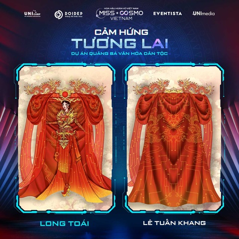 Ấn tượng cực mạnh với các thiết kế trang phục dân tộc của Miss Cosmo Vietnam - Ảnh 9. Truyền tải văn hóa lịch sử ý nghĩa, nhà thiết kế Lê Tuấn Khang đã nghiên cứu và cho ra đời bài dự thi Long Toái với niềm tự hào là con rồng cháu tiên và nghìn năm văn hiến. Long Toái là biểu tượng được lấy cảm hứng từ hình ảnh con rồng Việt Nam, tượng trưng cho sức mạnh và lòng kiêu hãnh. Nó kết hợp với chiếc áo dài và nón quai thao, tạo nên một hình ảnh đậm chất Việt Nam.